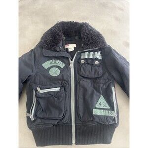 Diesel Boys 6-8 Black Bomber Jacket Detachable Fur 2000s Military Size Small